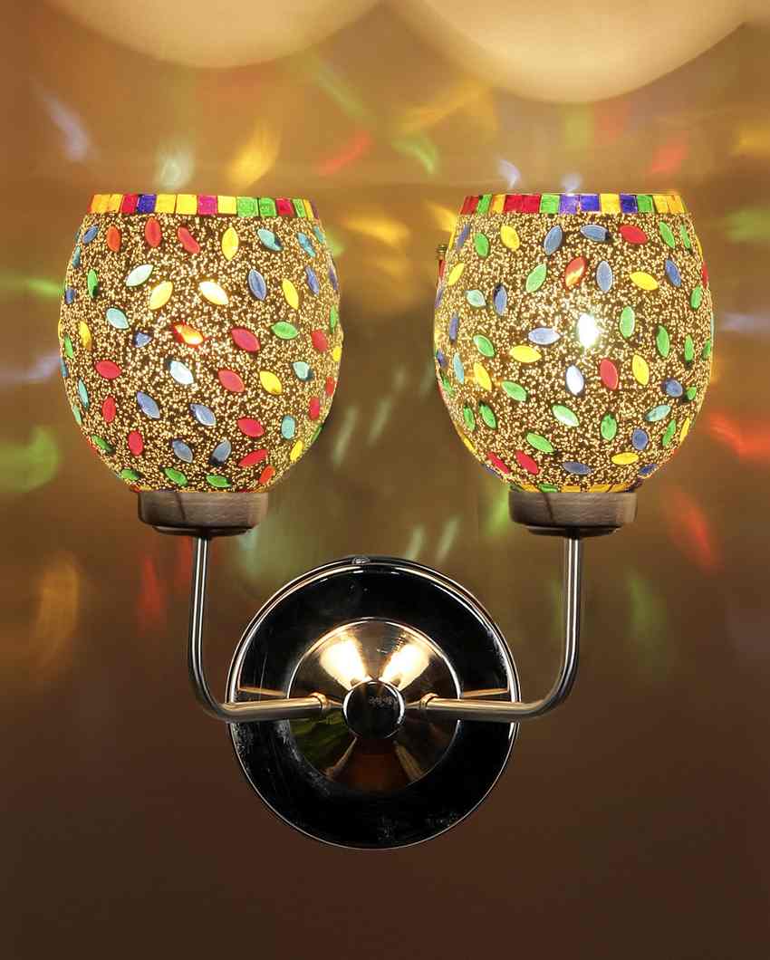 Handcrafted Artistic Mosaic Glass Wall Mounted Dual Lamp With Steel Base | Set of 2 | 5 x 11 x 14 inches