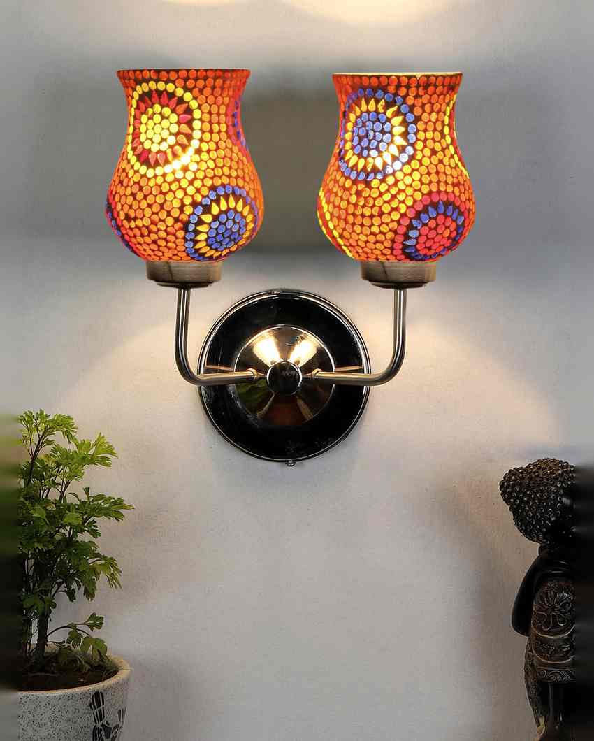 Brilliant Mosaic Glass Wall Mounted Dual Lamp With Steel Base | Set of 2 | 5 x 11 x 14 inches