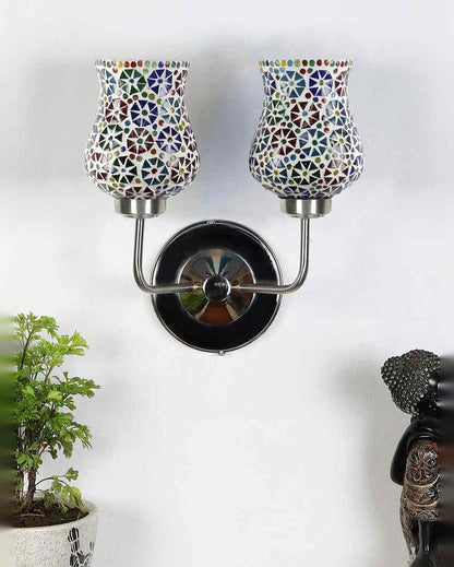 Elegant Refined Mosaic Glass Wall Mounted Dual Lamp With Steel Base | Set of 2 | 5 x 11 x 14 inches