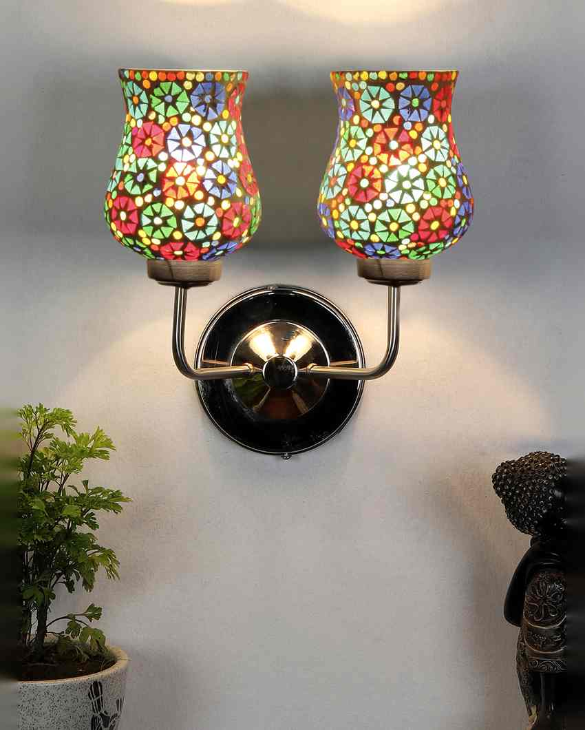 Elegant Refined Mosaic Glass Wall Mounted Dual Lamp With Steel Base | Set of 2 | 5 x 11 x 14 inches