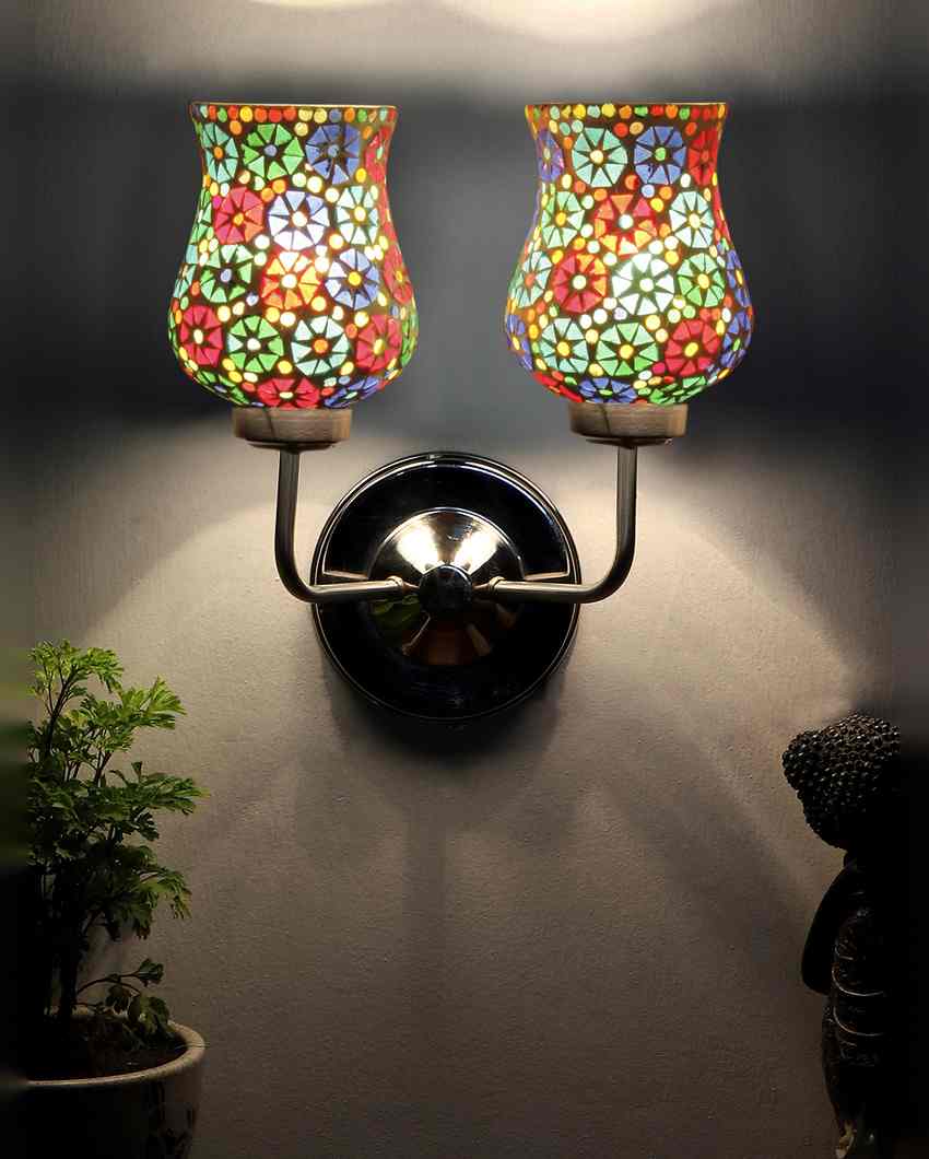 Elegant Refined Mosaic Glass Wall Mounted Dual Lamp With Steel Base | Set of 2 | 5 x 11 x 14 inches