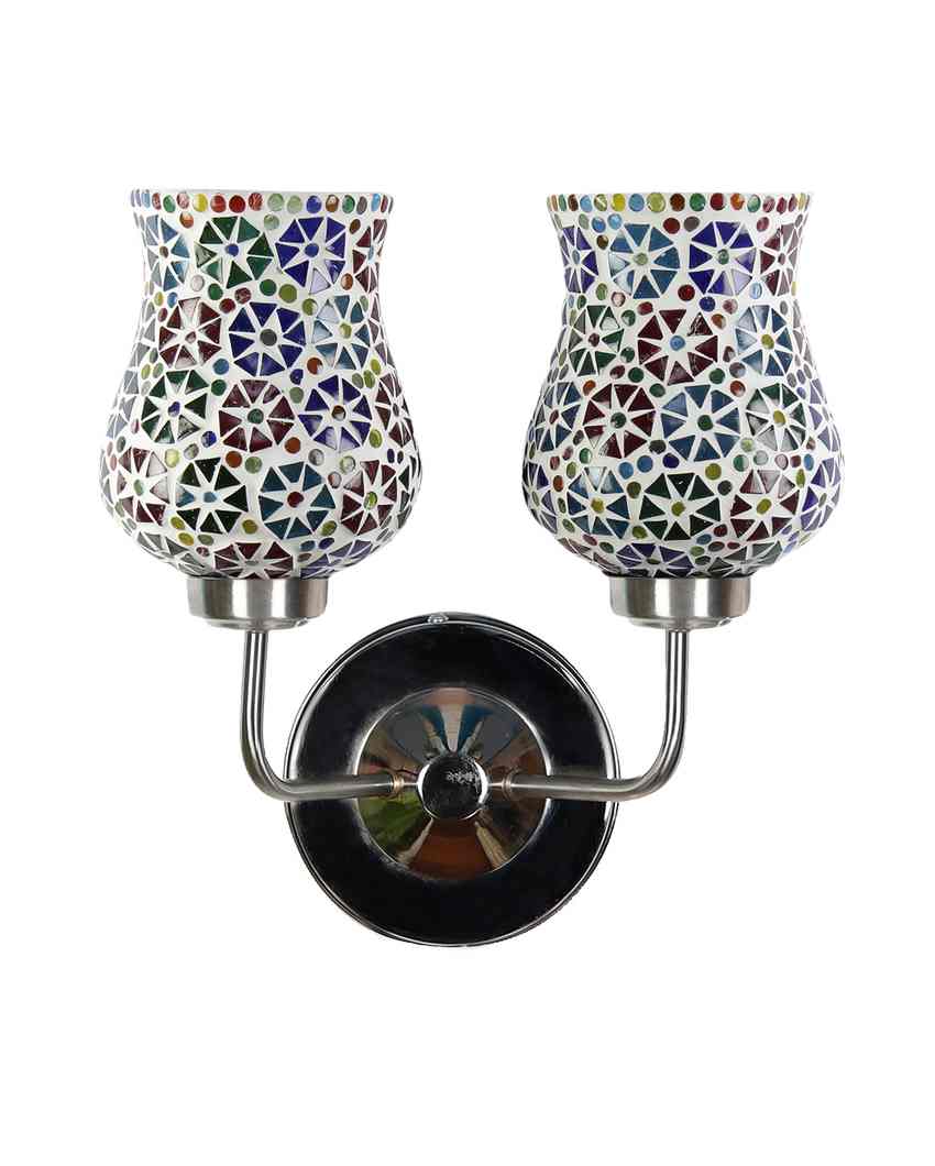 Elegant Refined Mosaic Glass Wall Mounted Dual Lamp With Steel Base | Set of 2 | 5 x 11 x 14 inches