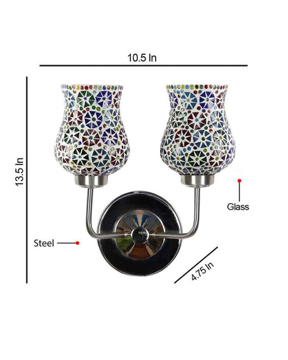 Elegant Refined Mosaic Glass Wall Mounted Dual Lamp With Steel Base | Set of 2 | 5 x 11 x 14 inches