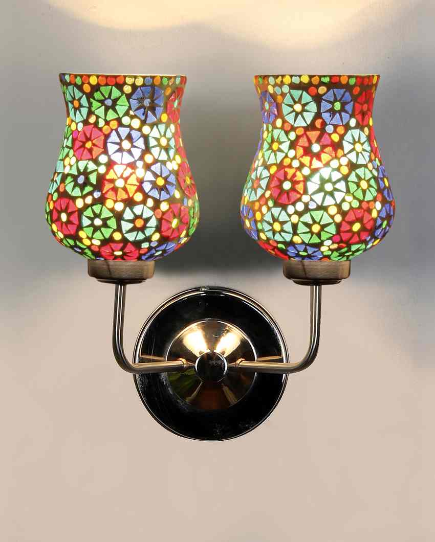 Elegant Refined Mosaic Glass Wall Mounted Dual Lamp With Steel Base | Set of 2 | 5 x 11 x 14 inches