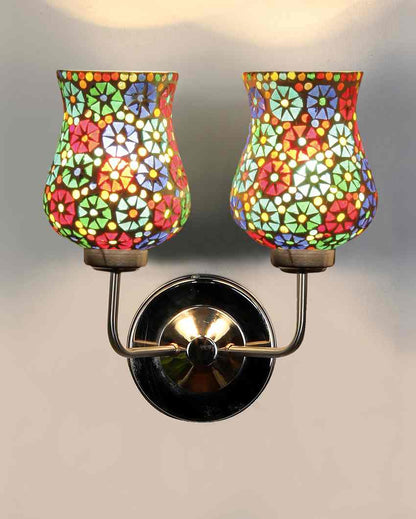 Elegant Refined Mosaic Glass Wall Mounted Dual Lamp With Steel Base | Set of 2 | 5 x 11 x 14 inches