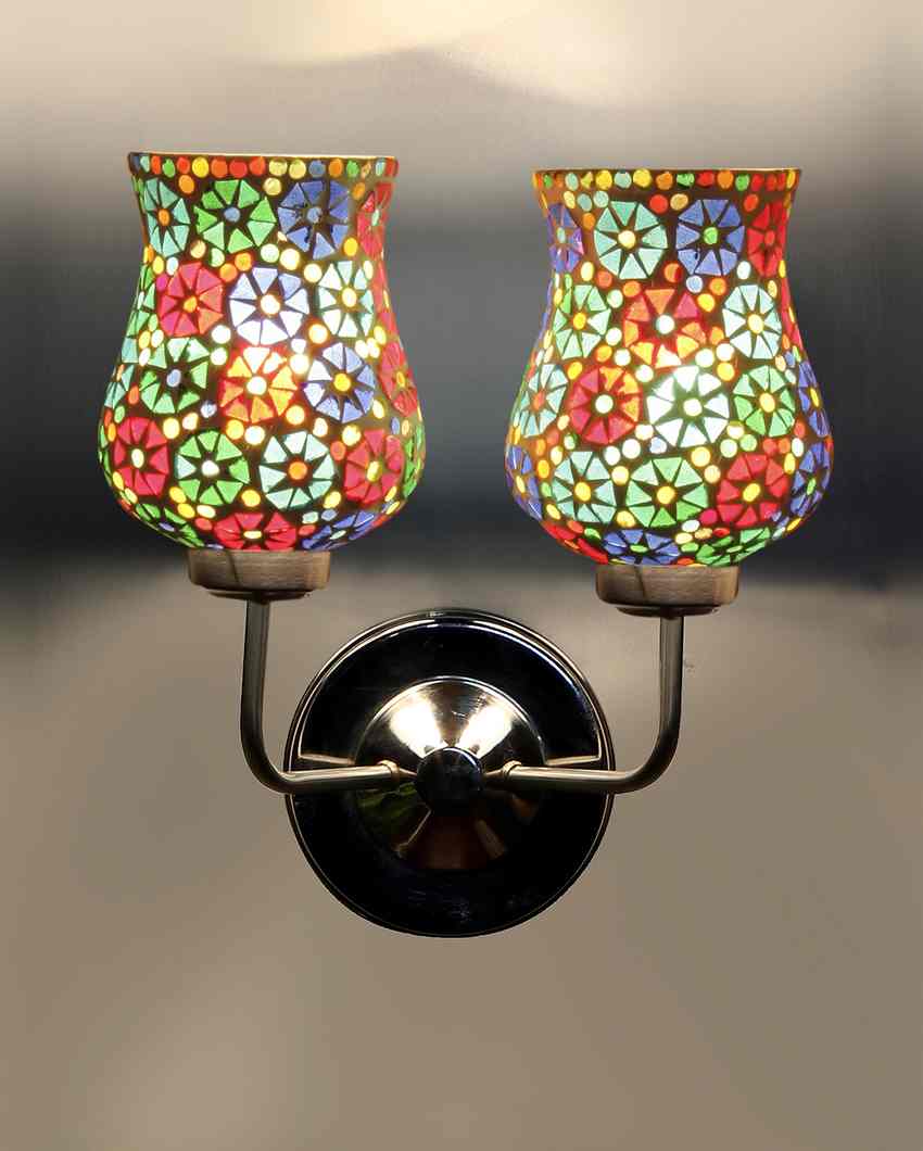 Elegant Refined Mosaic Glass Wall Mounted Dual Lamp With Steel Base | Set of 2 | 5 x 11 x 14 inches