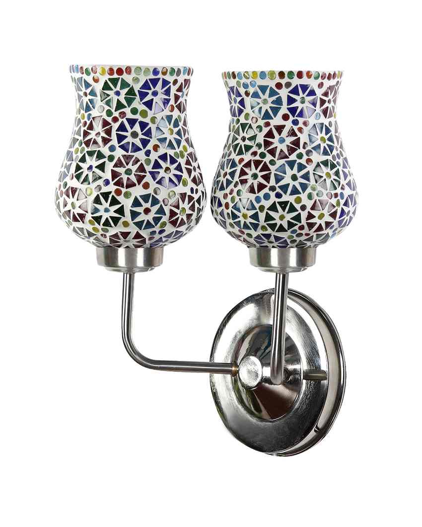 Elegant Refined Mosaic Glass Wall Mounted Dual Lamp With Steel Base | Set of 2 | 5 x 11 x 14 inches