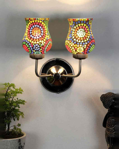 Artful Mosaic Glass Wall Mounted Dual Lamp With Steel Base | Set of 2 | 5 x 11 x 14 inches