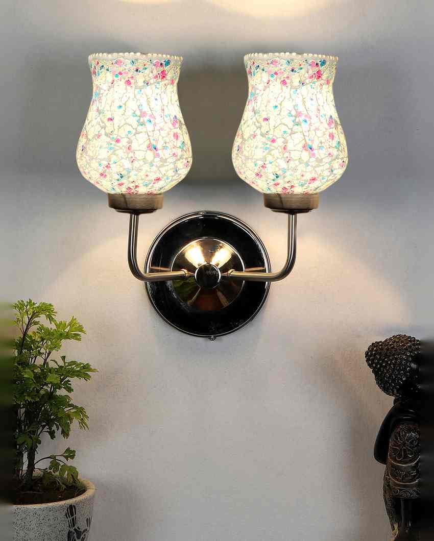 Handcrafted Distinctive Mosaic Glass Wall Mounted Dual Lamp With Steel Base | Set of 2 | 5 x 11 x 14 inches