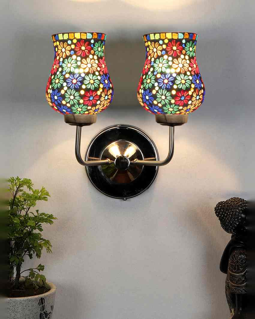 Colorful Artistic Mosaic Glass Wall Mounted Dual Lamp With Steel Base | Set of 2 | 5 x 11 x 14 inches