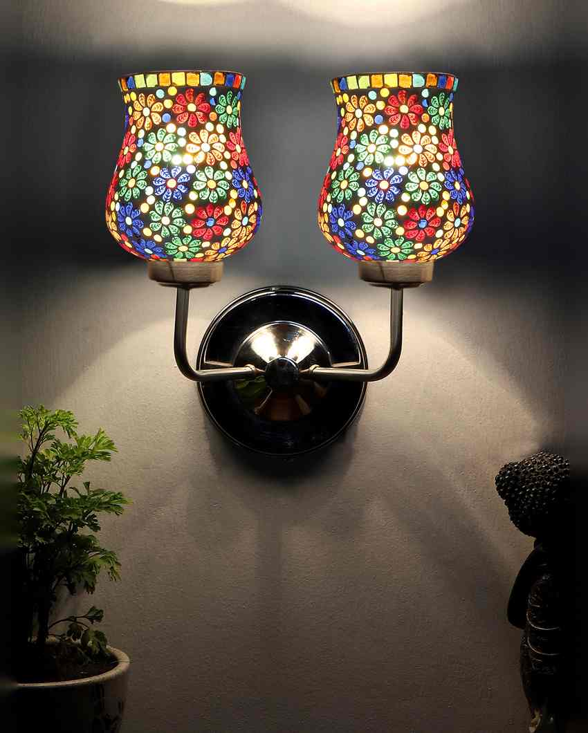 Colorful Artistic Mosaic Glass Wall Mounted Dual Lamp With Steel Base | Set of 2 | 5 x 11 x 14 inches