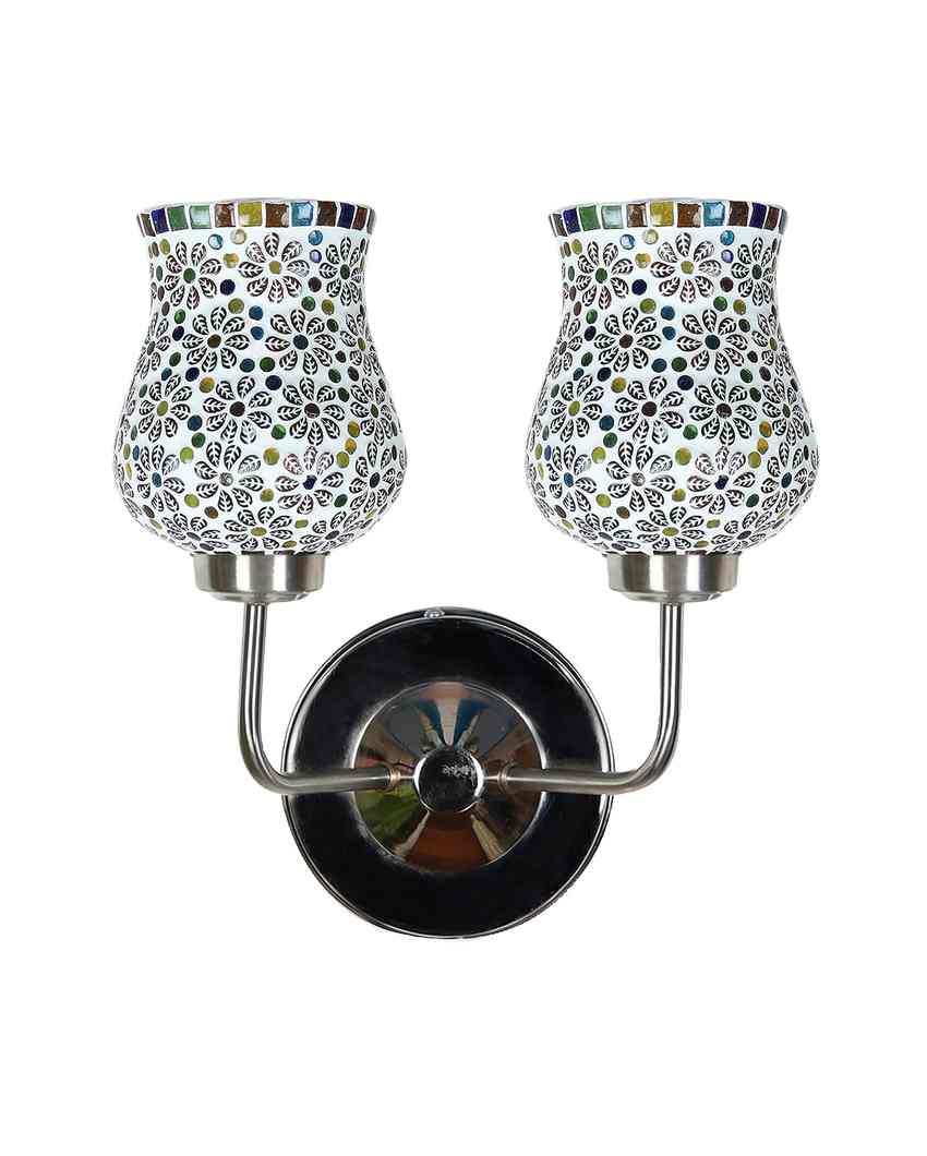 Colorful Artistic Mosaic Glass Wall Mounted Dual Lamp With Steel Base | Set of 2 | 5 x 11 x 14 inches