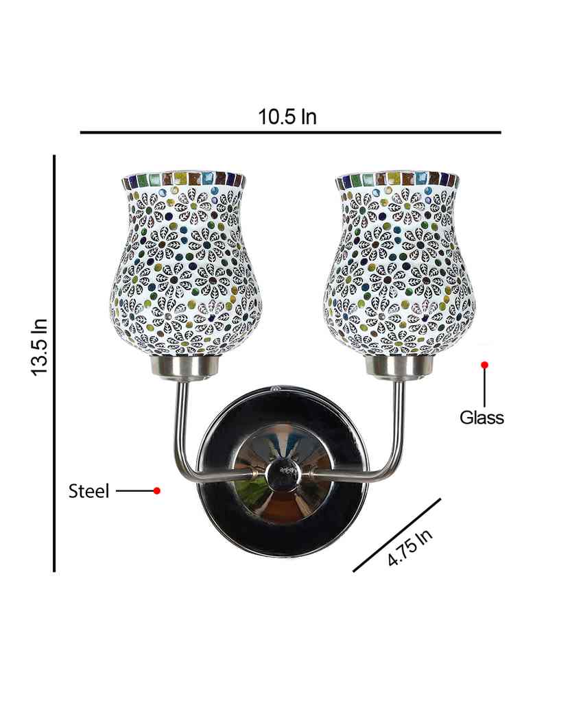 Colorful Artistic Mosaic Glass Wall Mounted Dual Lamp With Steel Base | Set of 2 | 5 x 11 x 14 inches