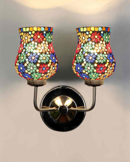 Colorful Artistic Mosaic Glass Wall Mounted Dual Lamp With Steel Base | Set of 2 | 5 x 11 x 14 inches