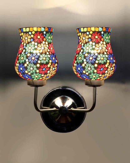 Colorful Artistic Mosaic Glass Wall Mounted Dual Lamp With Steel Base | Set of 2 | 5 x 11 x 14 inches