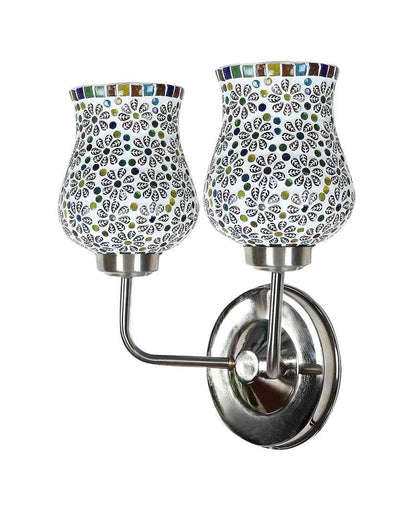 Colorful Artistic Mosaic Glass Wall Mounted Dual Lamp With Steel Base | Set of 2 | 5 x 11 x 14 inches