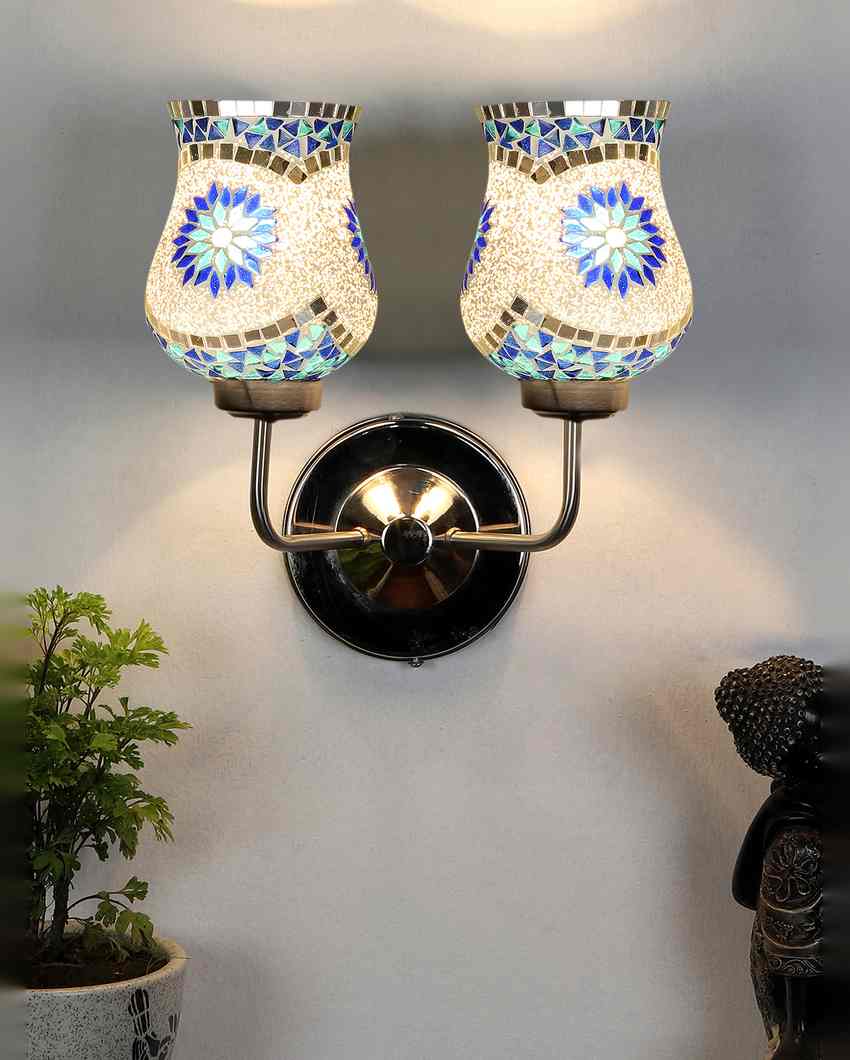 Charming Mosaic Glass Wall Mounted Dual Lamp With Steel Base | Set of 2 | 5 x 11 x 14 inches