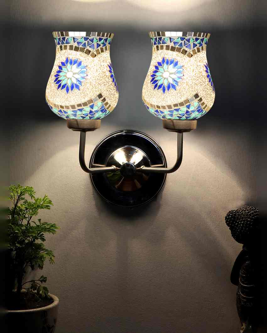 Charming Mosaic Glass Wall Mounted Dual Lamp With Steel Base | Set of 2 | 5 x 11 x 14 inches