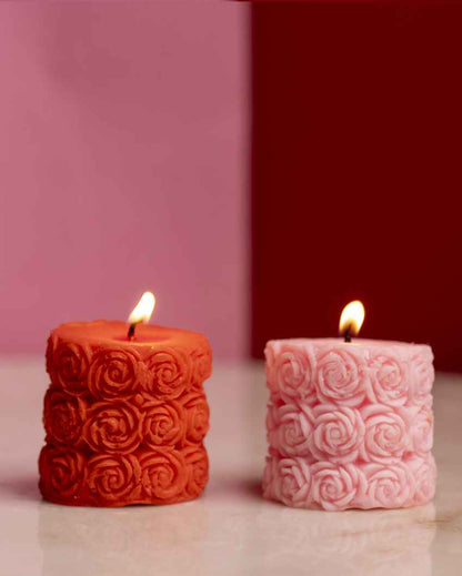 Romantic Red & Pink Rose Pillar Candles | Set of 2 | 2 x 2 inches