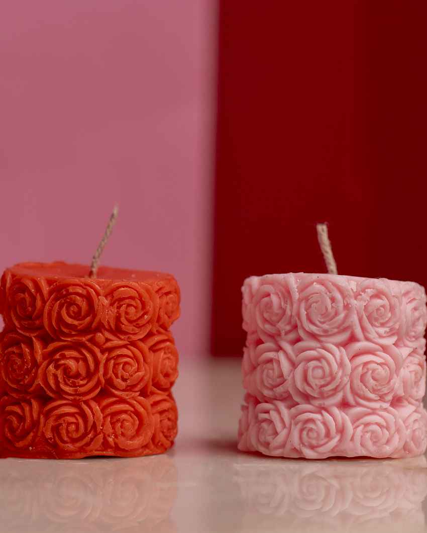 Romantic Red & Pink Rose Pillar Candles | Set of 2 | 2 x 2 inches