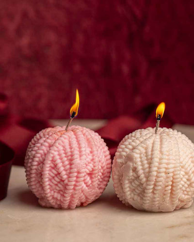 Charming Pink & White Ball of Yarn Candles | Set of 2 | 3 x 3 inches