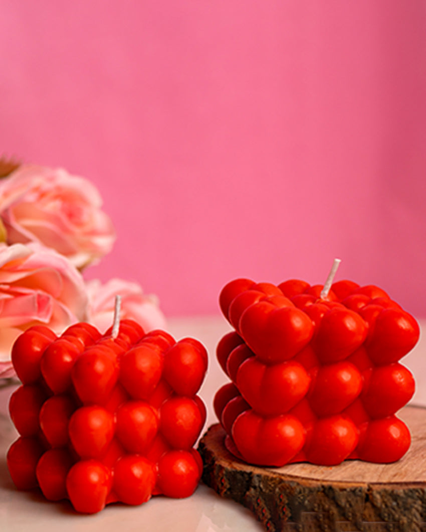 Bold Red Heart Pillar Bubble Candles | Set of 2 | 2 x 2 inches