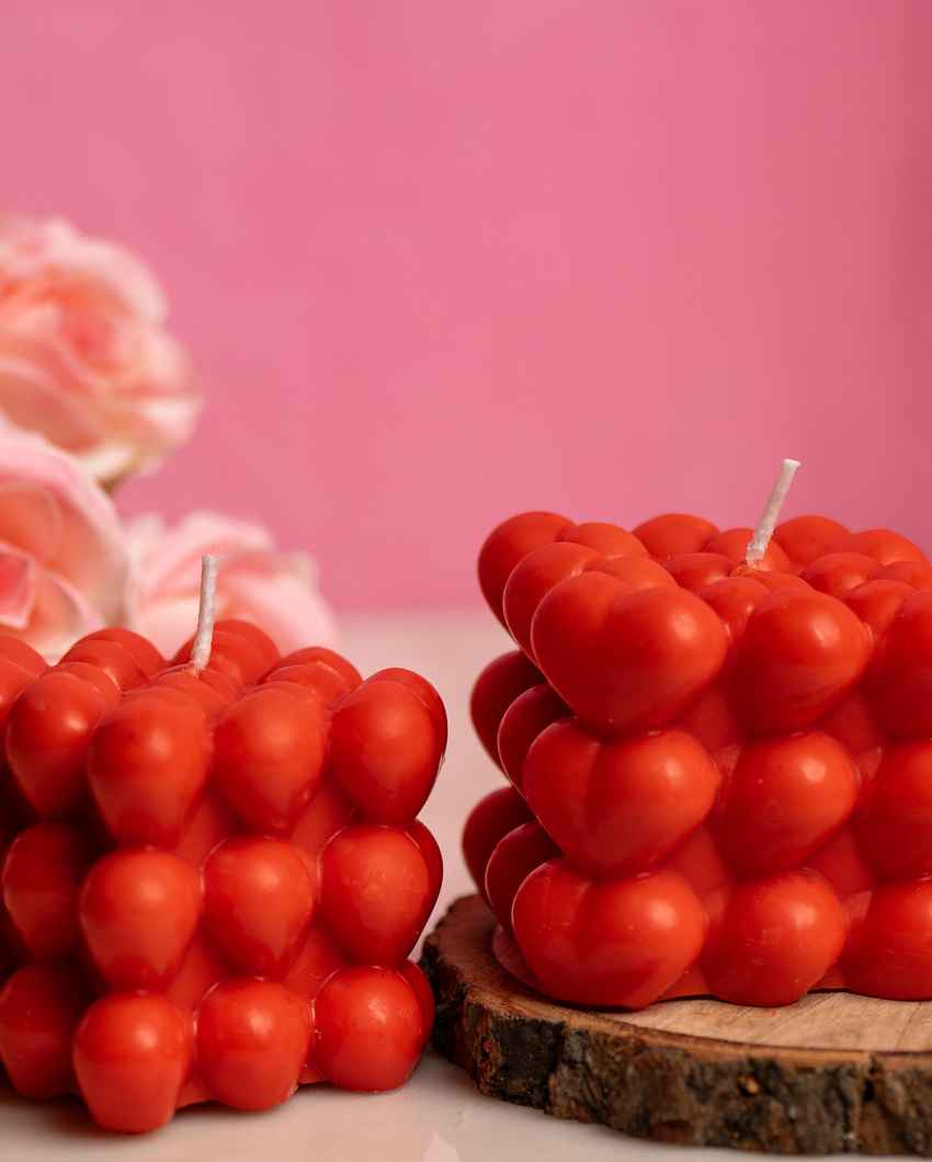 Bold Red Heart Pillar Bubble Candles | Set of 2 | 2 x 2 inches