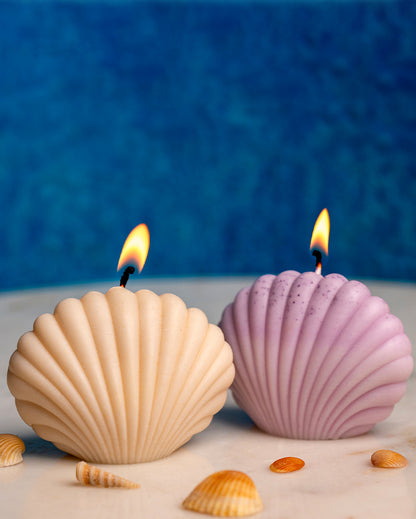 Serene White & Lavender Seashell Candles | Set of 2 | 4 x 2 x 3 inches