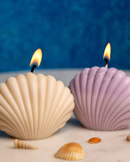 Serene White & Lavender Seashell Candles | Set of 2 | 4 x 2 x 3 inches