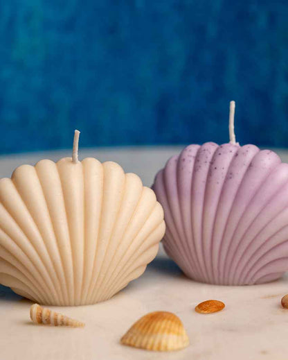 Serene White & Lavender Seashell Candles | Set of 2 | 4 x 2 x 3 inches