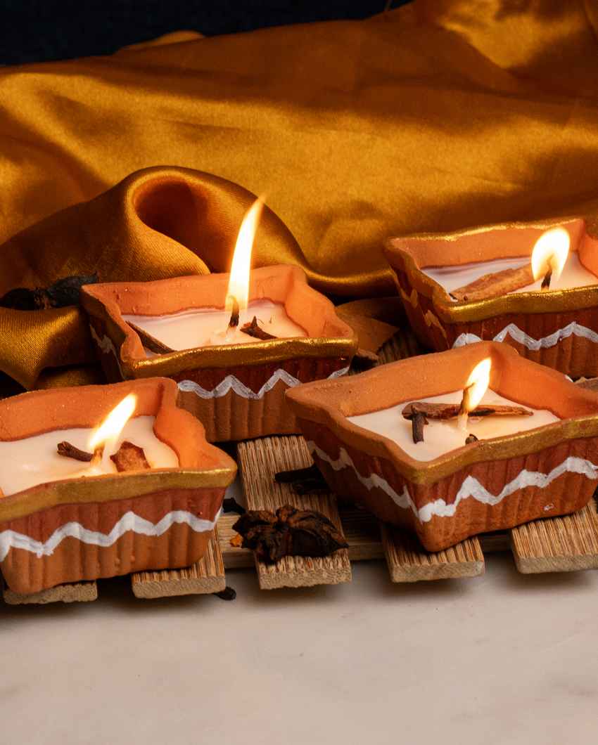 Classic Brown & White Square Terracotta Candles | Set of 4 | 2 inches