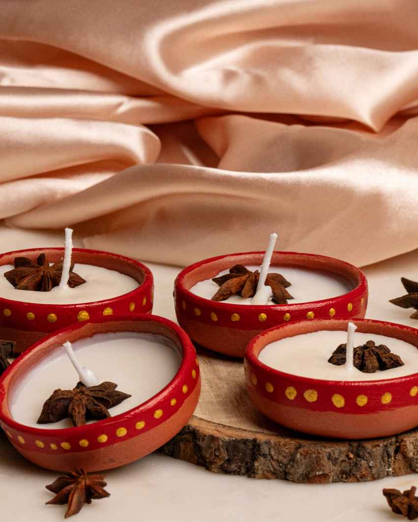 Handcrafted Brown & White Circular Handpainted Terracotta Candles | Set of 4 | 2 inches