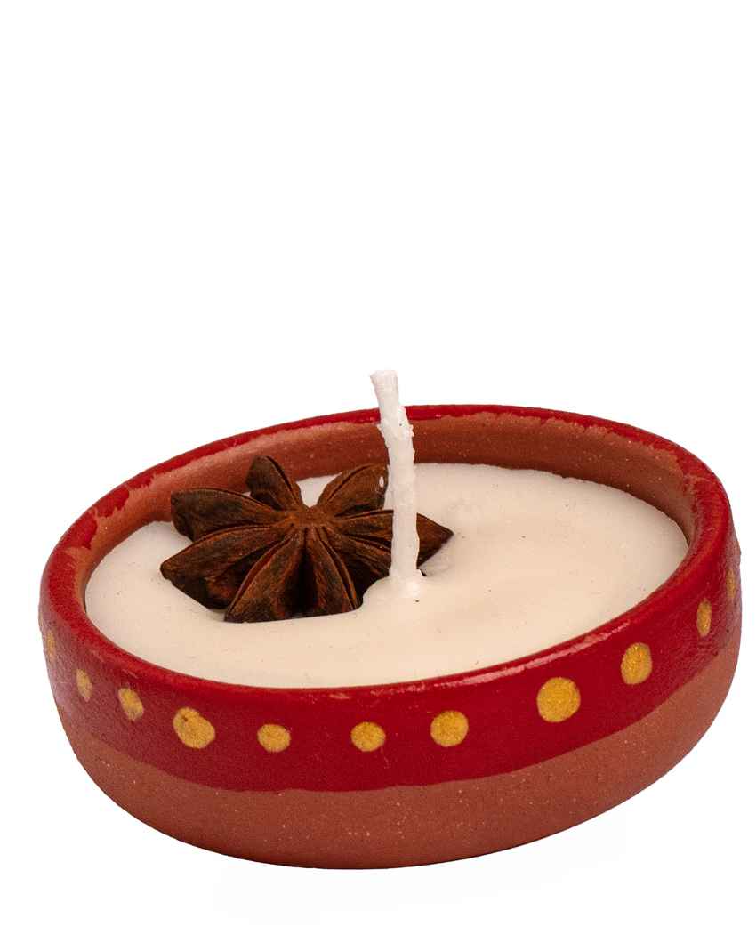 Handcrafted Brown & White Circular Handpainted Terracotta Candles | Set of 4 | 2 inches