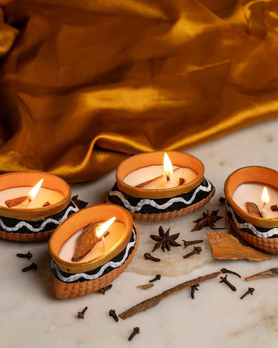 Unique Brown & White Boat Handpainted Terracotta Candles | Set of 4 | 2 inches