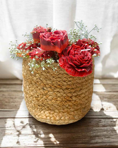 Rustic Red Scented Candles Jute Basket Bouquet | Set of 12 | 9 x 10 inches