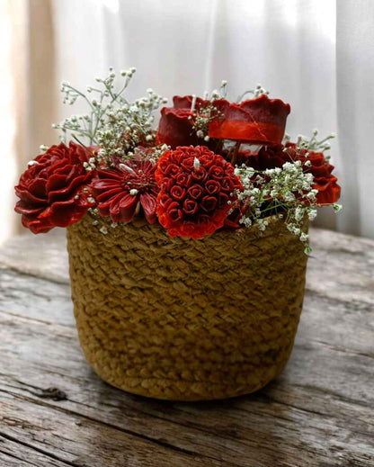 Rustic Red Scented Candles Jute Basket Bouquet | Set of 12 | 9 x 10 inches