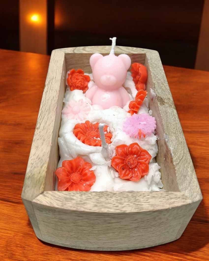 Playful Multicolor Teddy in Bathtub Wooden Candle | 5 x 3 inches