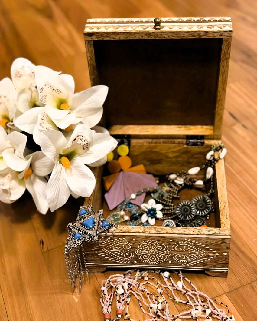 Artistic Wooden Jewelry Box | 8 x 8 x 5 inches