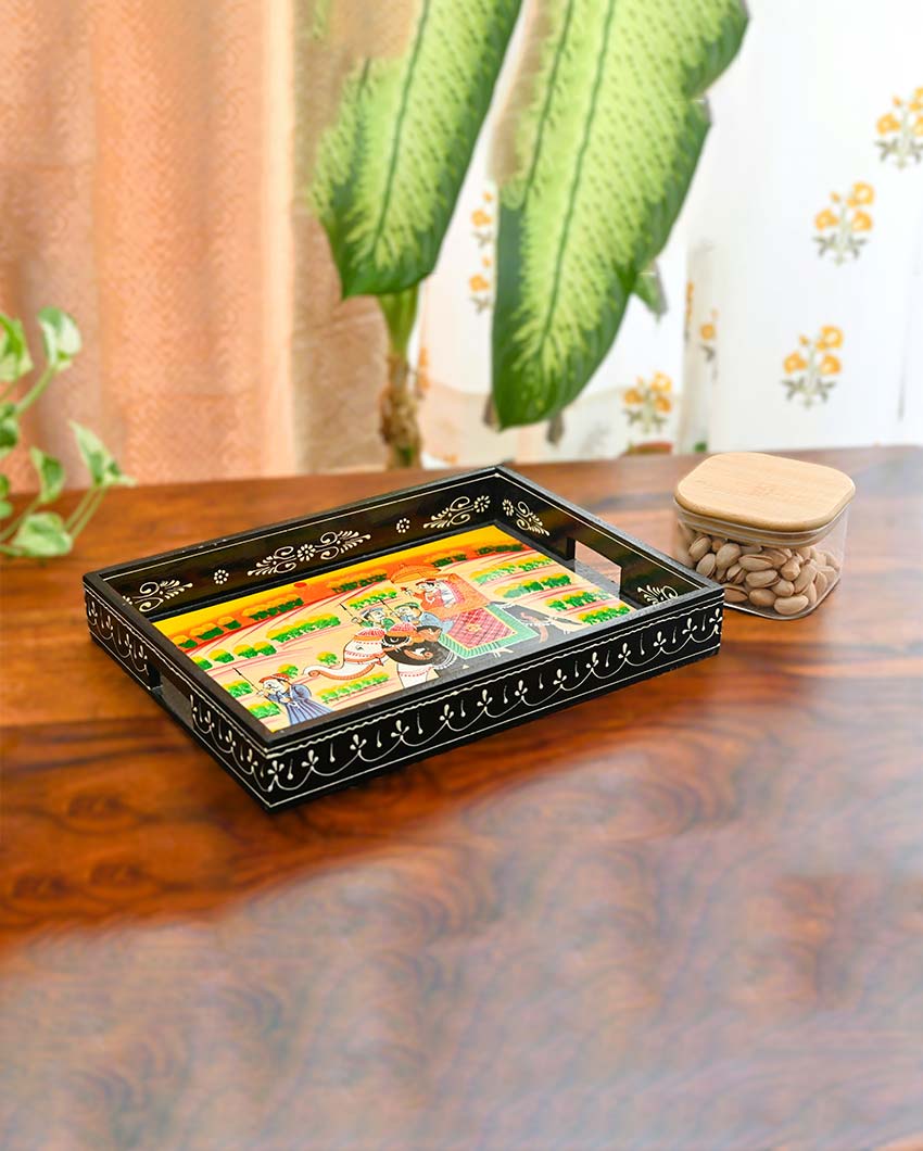 Elegant Black Antique Handpainted Trays | Set Of 3 | 14 x 11 inches