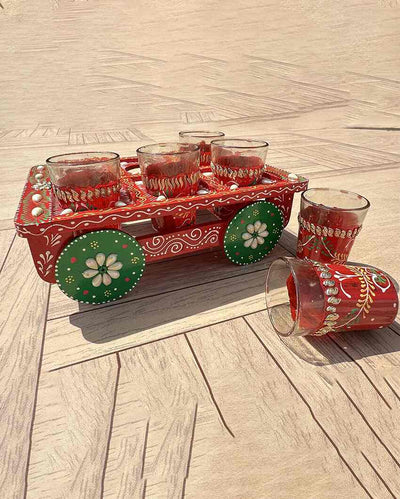 Playful Charm Chai On Wheels Tea Glass With Cart | 7 Pieces