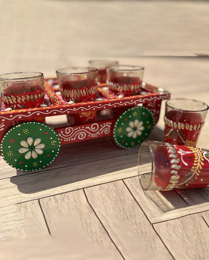 Playful Charm Chai On Wheels Tea Glass With Cart | 7 Pieces