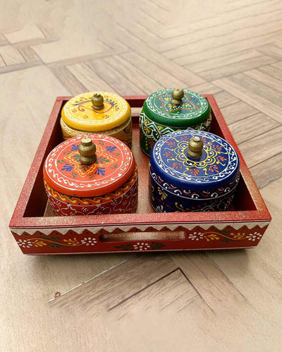 Revolving Table Wooden Dry Fruits 4 Jars With Tray | 12 x 12 x 5 inches