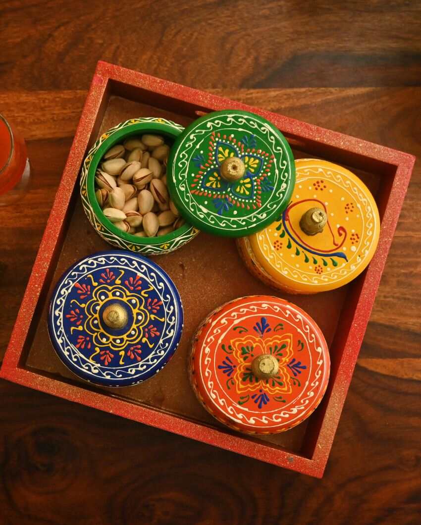 Revolving Table Wooden Dry Fruits 4 Jars With Tray | 12 x 12 x 5 inches