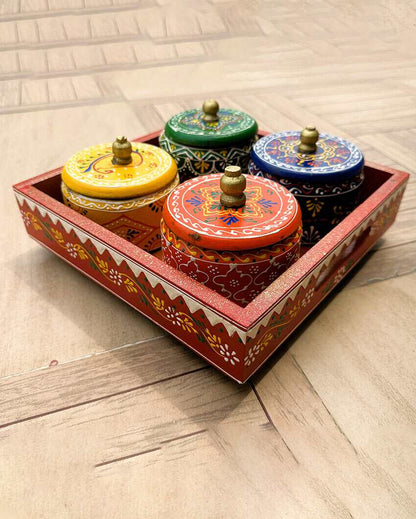 Revolving Table Wooden Dry Fruits 4 Jars With Tray | 12 x 12 x 5 inches