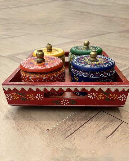 Revolving Table Wooden Dry Fruits 4 Jars With Tray | 12 x 12 x 5 inches