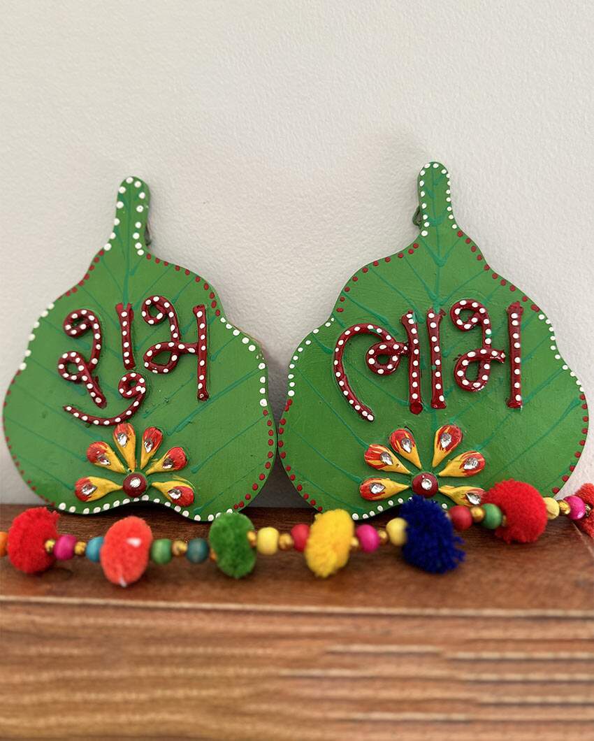 Artistic Green Wooden Shubh & Labh | 4.5 x 5.5 inches