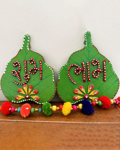 Artistic Green Wooden Shubh & Labh | 4.5 x 5.5 inches