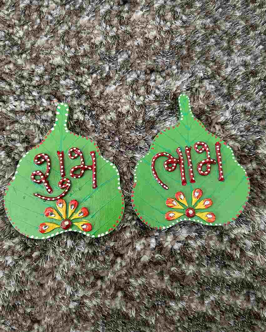 Artistic Green Wooden Shubh & Labh | 4.5 x 5.5 inches