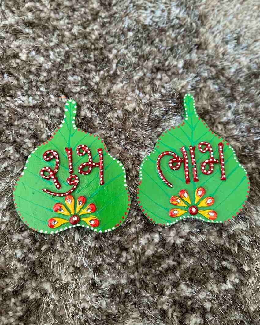 Artistic Green Wooden Shubh & Labh | 4.5 x 5.5 inches