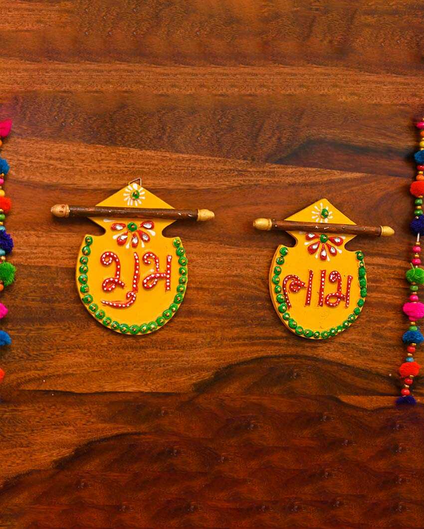 Artistic Yellow Wooden Shubh & Labh | 4.5 x 5.5 inches